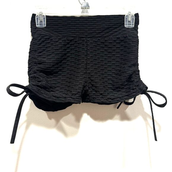 Bootie Shorts Stretch Black Textured Sexy Cinched Butt Tie Sides Womens sz S/M - Picture 1 of 5